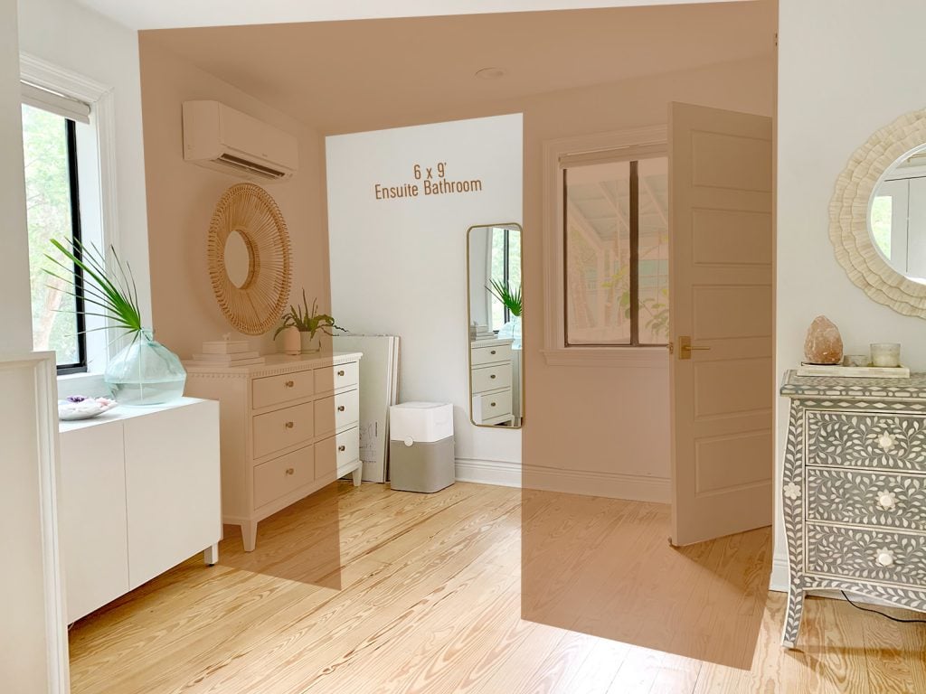 View of area that will become future bathroom with photoshop rendering over it