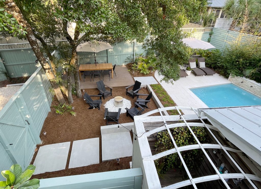 Overhead View Of Bigger Backyard From Front Porch With Pool AnD Dining Area