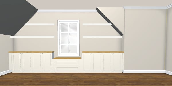 Rendering of built-in cabinets and two floating shelves using Ikea 3D Kitchen Planner