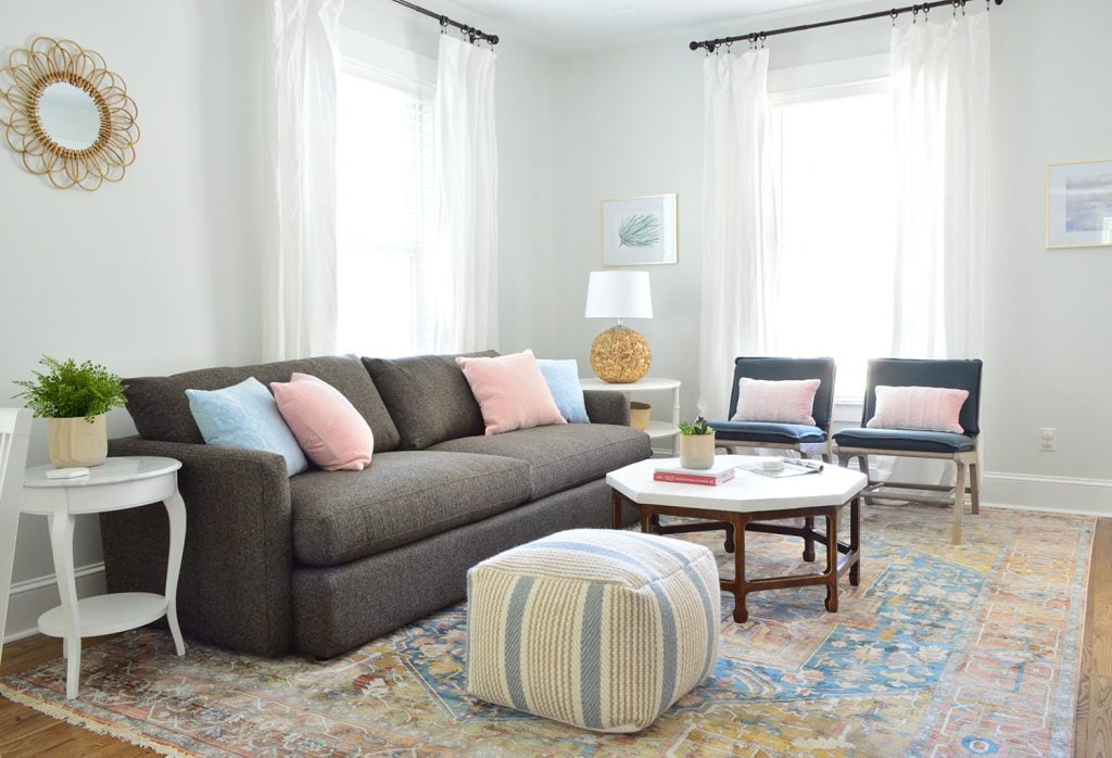 Duplex Living Room With Neutral Traditional Rug Crate And Barrel Sofa