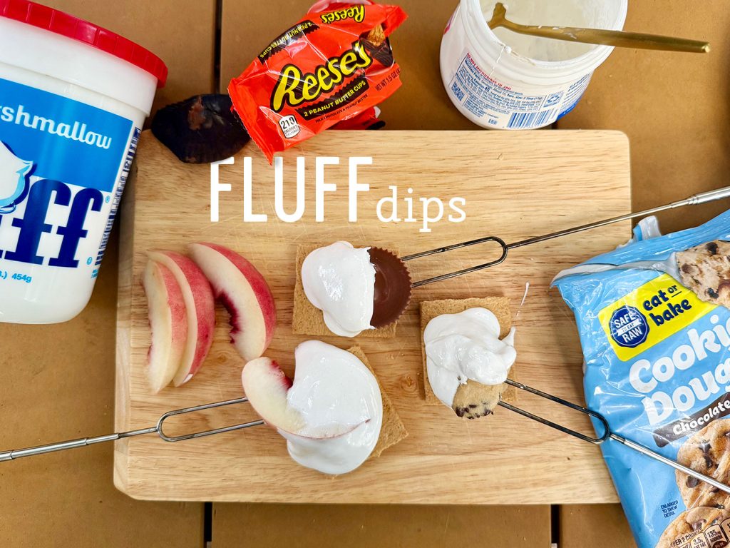 Upraded Smores With Marshmallow Fluff Dips with Peaches Cookie Dough and Reeses Peanut Butter