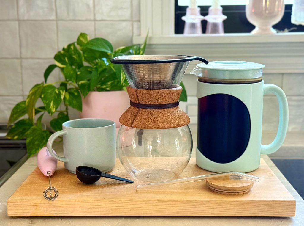 Supplies We Use To Make Coffee At Home Including Pour Over Coffee Maker and Cold Brew