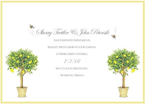 backyard wedding invitation featuring bees and yellow topiaries