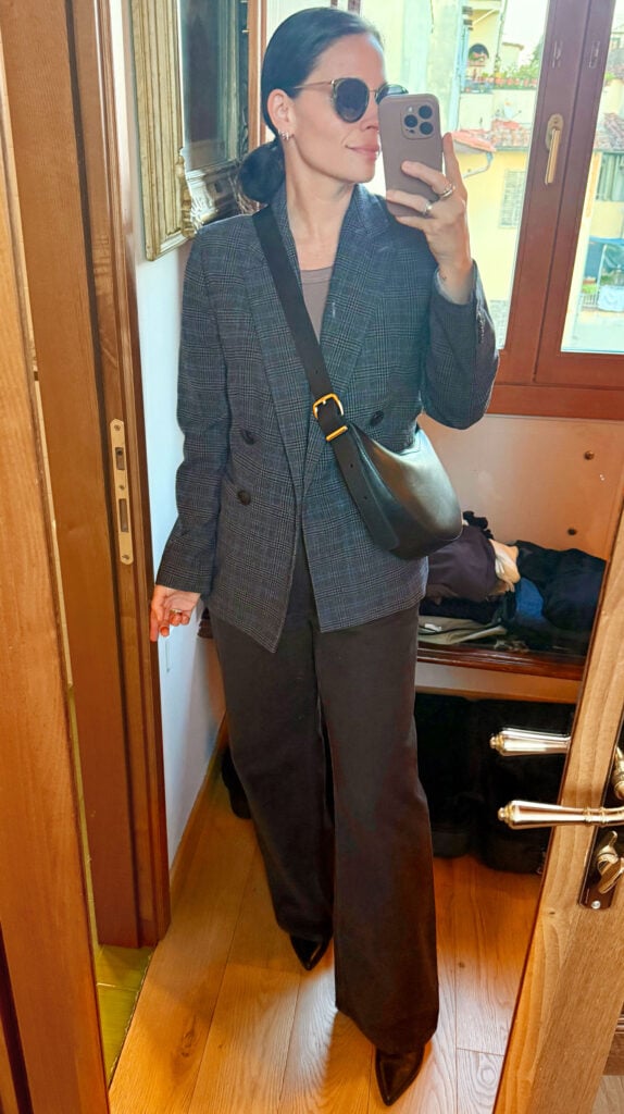 Sherry Mirror Selfie In Outfit For Italy Tweed Blazer Brown Pants