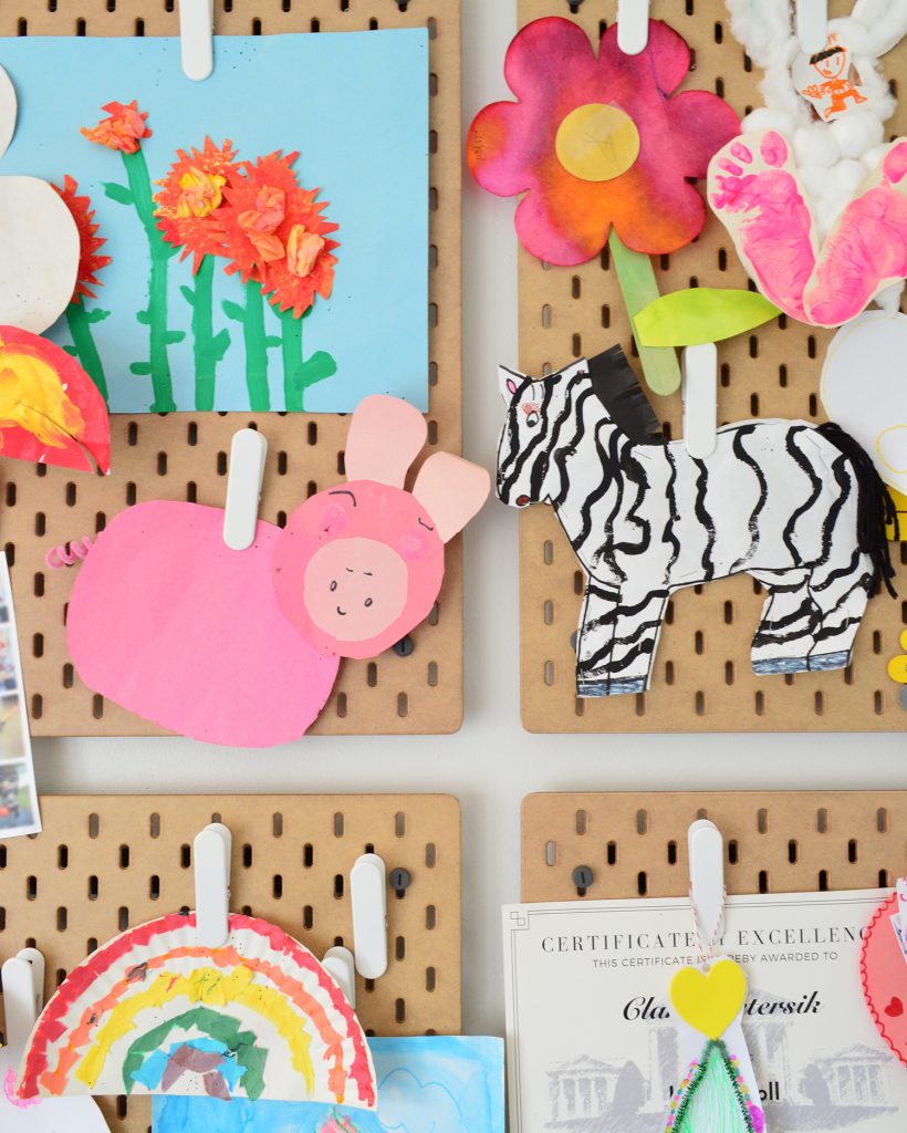 Kids Artwork Clipped Up To Ikea Skadis Corkboard Organizer Display