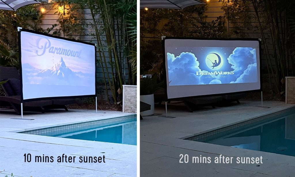 Outdoor screen projection in low light after sunset and full darkness after sunset