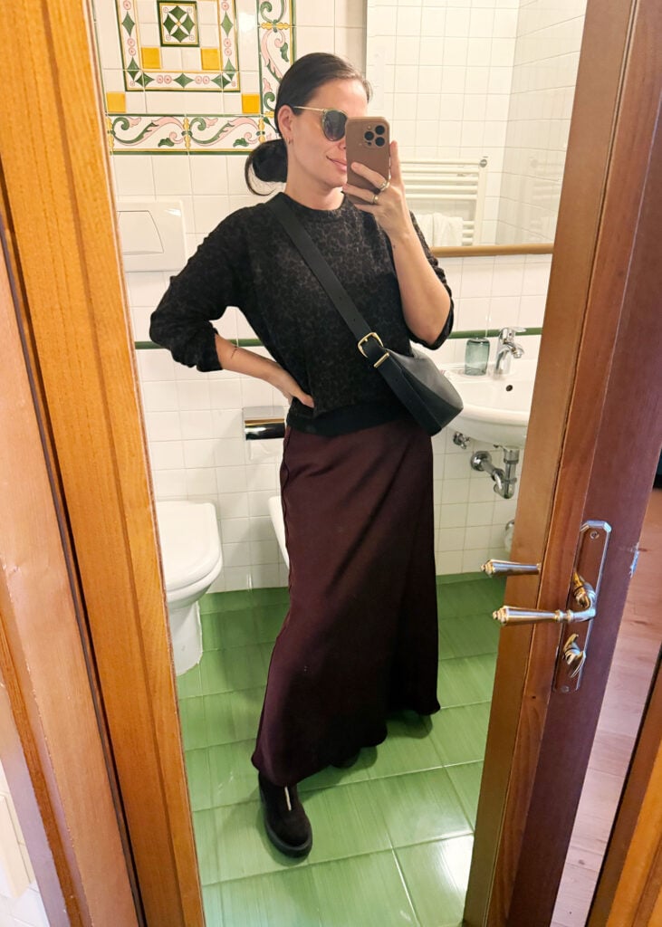 Sherry Selfie In Hotel Mirror In Florence Italy With Wine Skirt And Leopard Sweater