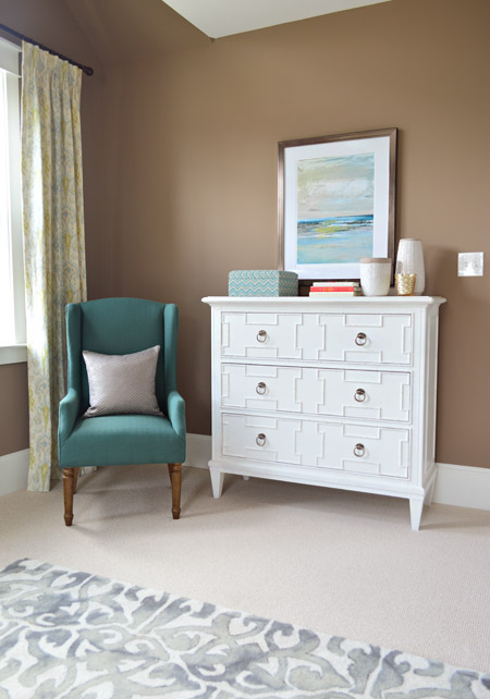 Seating Area In Guest Bedroom With Taupe Fedora Walls