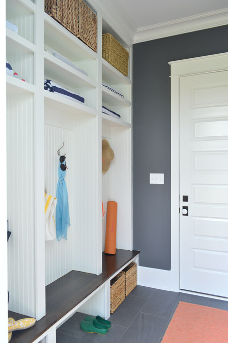 Mudroom In Builder Show House With Built In Shelves And Benches