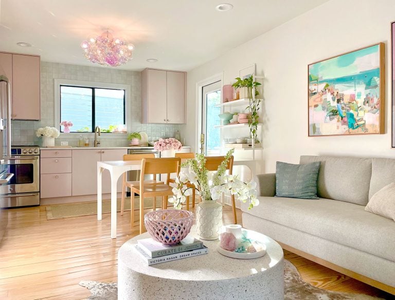 Small Ikea Kitchen With Loveseat Seating Area And Mauve Cabinets