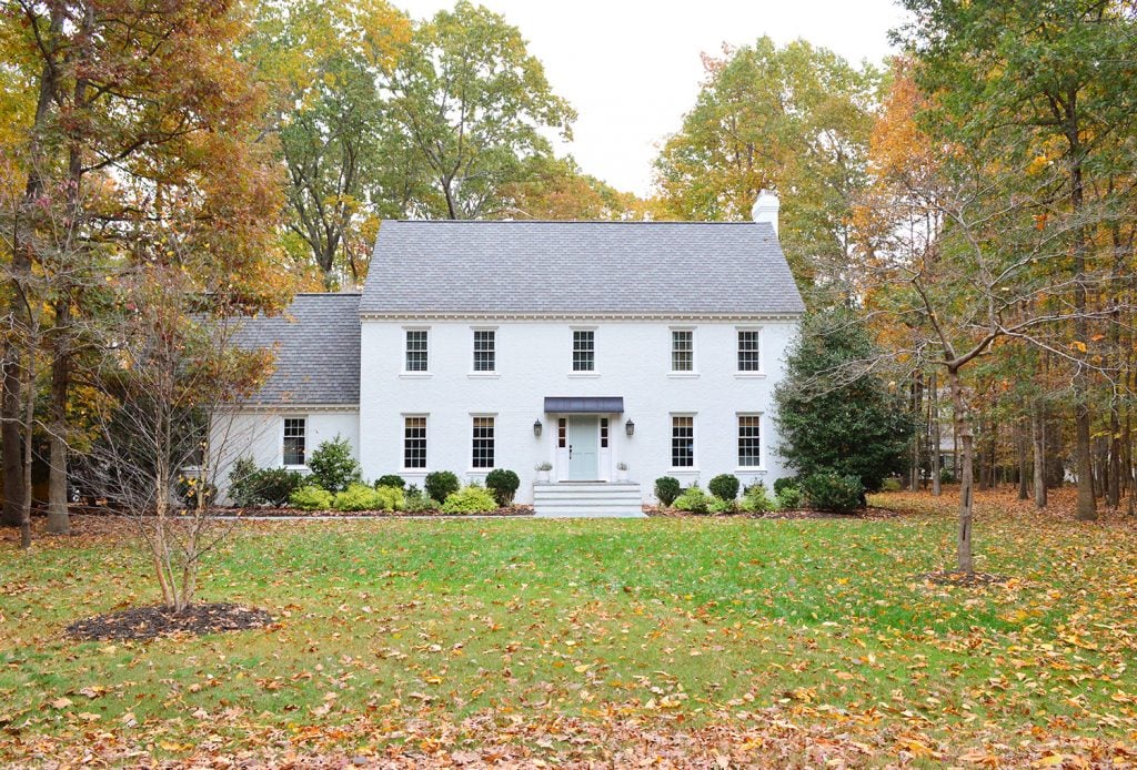 White Brick Exterior Fall Path From Street With New Tree